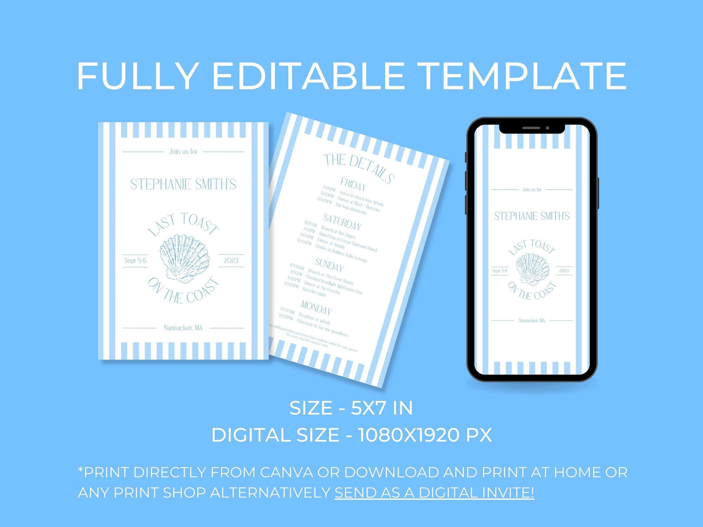 Last Toast On The Coast Bachelorette Itinerary Template and Invite For Coastal Bachelorette