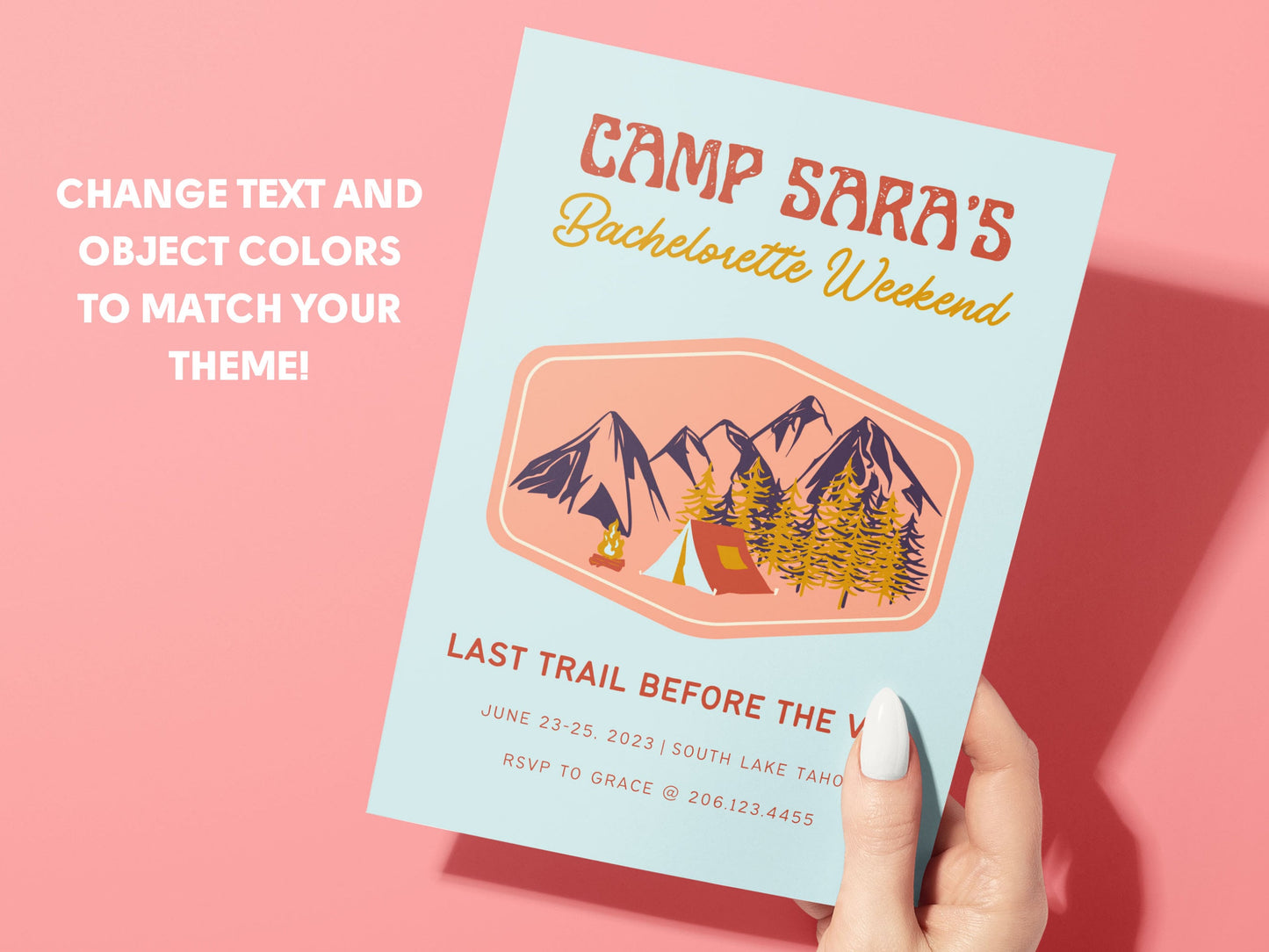 Camp Bachelorette Party Invitation and Itinerary, Mountain Bachelorette, Last Trail Before The Veil, Girl Trip Weekend