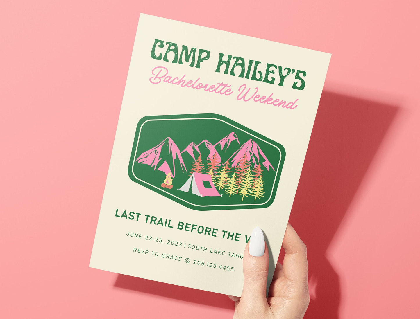 Camp Bachelorette Party Invitation and Itinerary, Mountain Bachelorette, Last Trail Before The Veil, Girl Trip Weekend