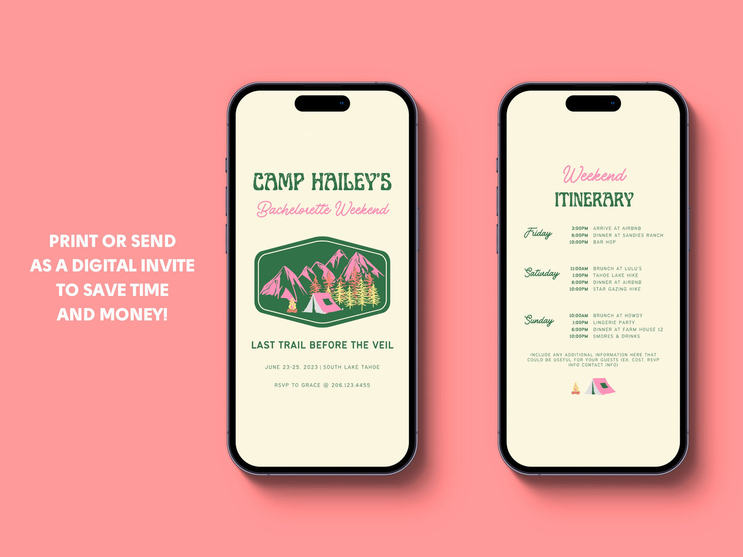 Camp Bachelorette Party Invitation and Itinerary, Mountain Bachelorette, Last Trail Before The Veil, Girl Trip Weekend