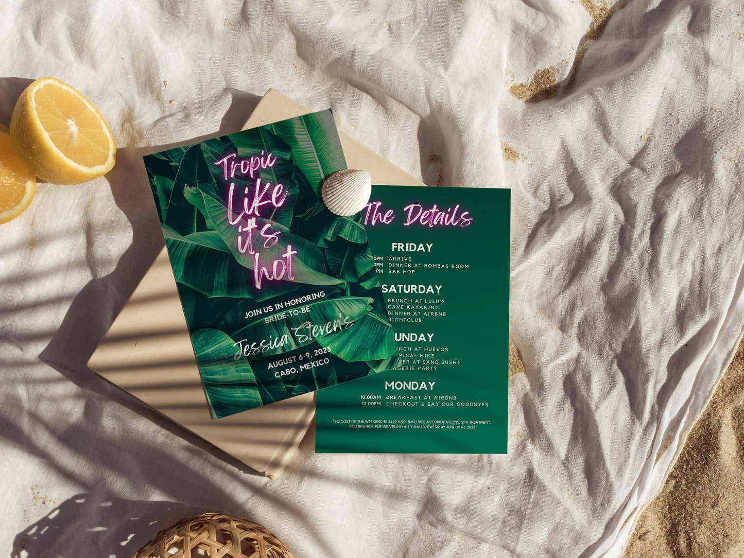 Beach Bachelorette Itinerary Template and Invite, Tropic Like It's Hot, Cabo Bachelorette, Girl Trip Weekend