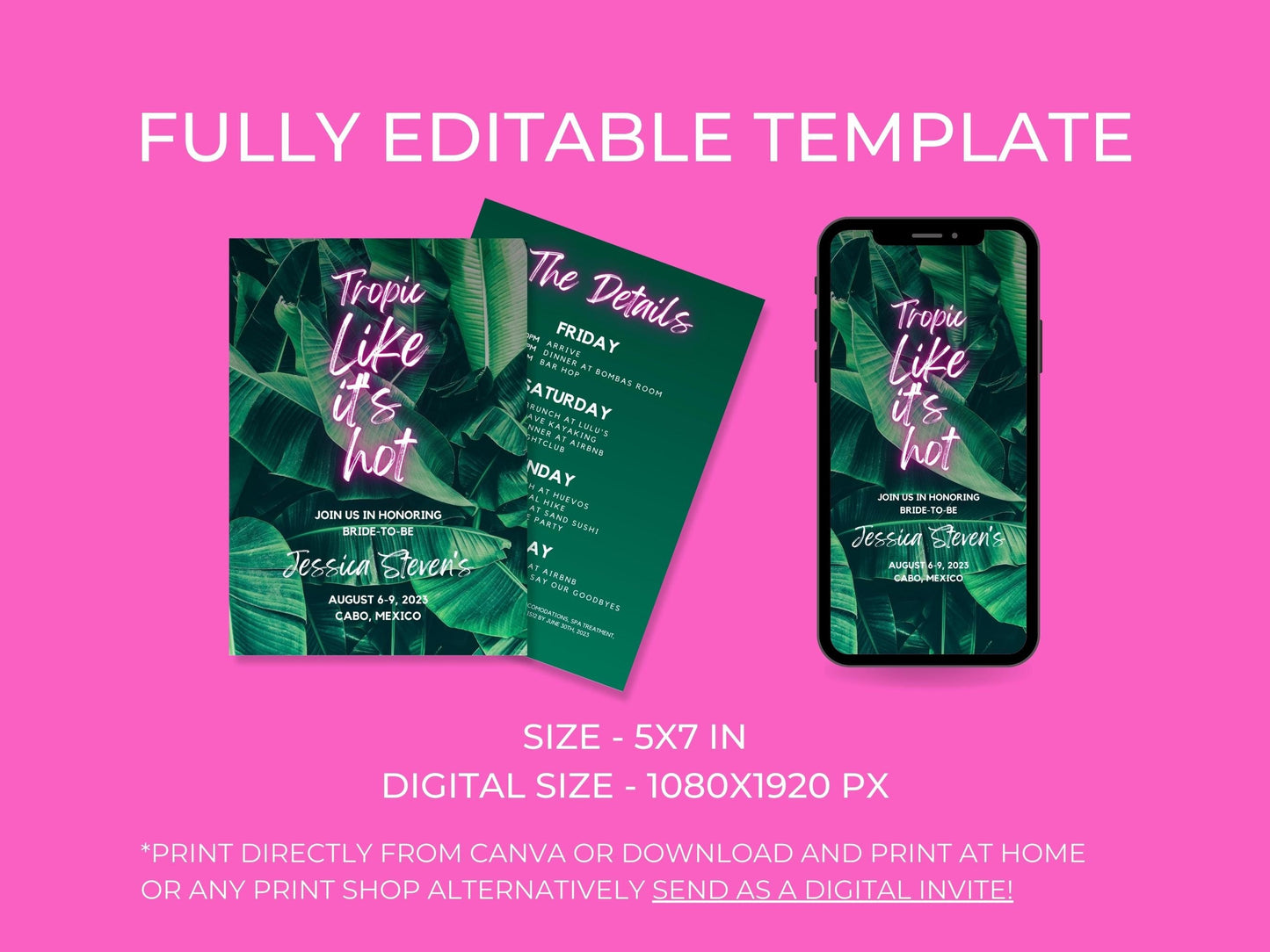 Beach Bachelorette Itinerary Template and Invite, Tropic Like It's Hot, Cabo Bachelorette, Girl Trip Weekend